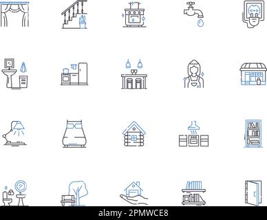 Symbolsammlung der persönlichen Gliederung. Haus, Wohnraum, Wohnung, Wohnsitz, Domäne, Unterschlupf, Haven-Vektor- und Illustrationskonzept-Set. Nest, Den, heimelig linear Stock Vektor