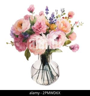 Vintage-Blüten-Wasserfarben-Frühlingskonzept. Vintage-Blumenstrauß mit Frühlingsblumen und Blättern als Einladung, Grußkarte, Poster, Rahmen, Hochzeit Stock Vektor