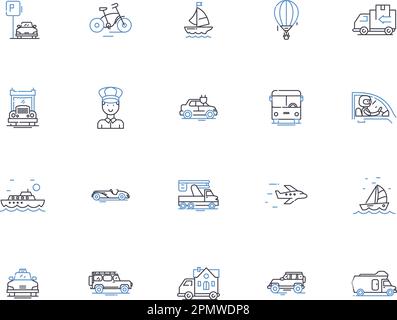 Symbolsammlung für Transportzymbole. Zug, Bus, Flugzeug, Taxi, Fähre, Boots-, Automobil-, Vektor- und Zeichnungskonzeptsatz. Motorrad, Scooter Stock Vektor