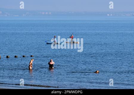 Edinburgh, Schottland, Großbritannien. 15. April 2023 Einige Aktivitäten am frühen Morgen am Strand von Portobello mit Menschen, die den milden Start in den Tag mit blauem Himmel und Sonnenschein genießen. Wildes Schwimmen und Paddeln, begleitet von einem Hund. Kredit: Craig Brown/Alamy Live News Stockfoto