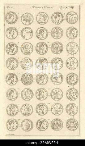 Römische Britische Münzen. "NUMMI ROMANI" (I) aus Camdens Britannia 1695 Print Stockfoto