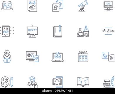 Symbolsammlung für Hausaufgaben. Übung, Aufgabe, Aufgabe, Studie, Quiz, Konzeptsatz Projekte, Forschungsvektor und Illustration. Schreiben, Papers Stock Vektor