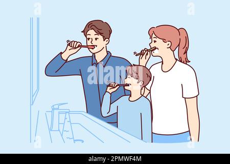 Die Familie putzt die Zähne zusammen, wenn sie im Badezimmer neben dem Spiegel steht, um den Jungen Morgenhygiene beizubringen. Mom und Dad mit Sohn verwenden Zahnbürsten, um den Mund nach dem Essen zu reinigen, um Zahnkaries zu vermeiden Stock Vektor