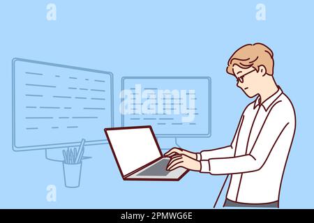 Der man-Softwareentwickler steht am Tisch mit einem Laptop und überwacht die Erstellung von Serveranwendungen. Der Dispatcher arbeitet als IT-Analyst und verwendet Software, um die Auslastung der Computersysteme des Unternehmens zu überwachen. Stock Vektor