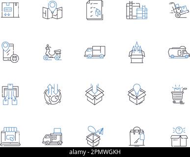 Symbolsammlung der Supply Chain Outline. Logistik, Management, Optimierung, Versorgung, Kette, Konzeptsatz für Verteilung, Verfolgungsvektor und Illustration Stock Vektor