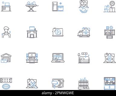 Symbolsammlung der persönlichen Gliederung. Haus, Wohnraum, Wohnung, Wohnsitz, Domäne, Unterschlupf, Haven-Vektor- und Illustrationskonzept-Set. Nest, Den, heimelig linear Stock Vektor