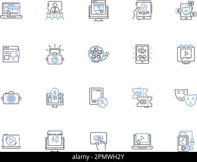 Symbolsammlung für Filmumrisse. Film, Kino, Show, Flick, Rolle, Projekt, Vektor und Illustration anzeigen (Konzeptgruppe). Vorführung, Spektakel, Drama Stock Vektor