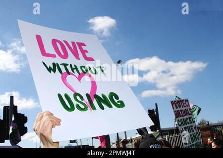 Animal Rising Action for Animals Protestgruppe, die den Grand National stört. Tierschützer in Liverpool, Merseyside, Großbritannien. April 2023. Grand National Meeting Aintree Demonstrationen und Opposition am Haupteingang der Aintree Racecourse. Stockfoto
