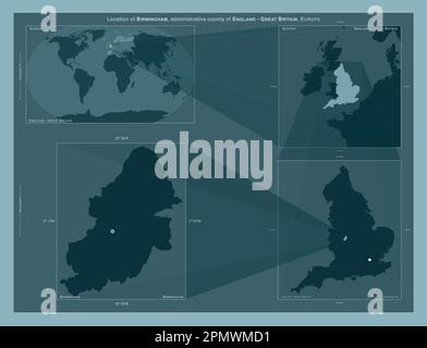 Birmingham, Verwaltungsbezirk England - Großbritannien. Diagramm, das die Position der Region auf Karten mit größerem Maßstab zeigt. Zusammensetzung des Vektors f Stockfoto