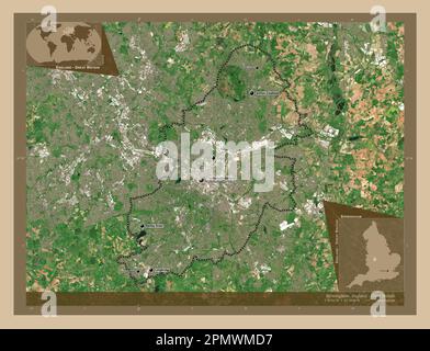 Birmingham, Verwaltungsbezirk England - Großbritannien. Satellitenkarte mit niedriger Auflösung. Standorte und Namen der wichtigsten Städte der Region. Ecke Stockfoto