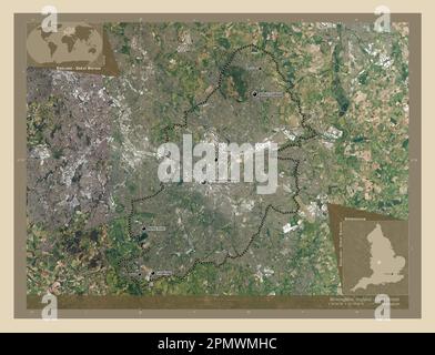 Birmingham, Verwaltungsbezirk England - Großbritannien. Hochauflösende Satellitenkarte. Standorte und Namen der wichtigsten Städte der Region. Ecke Stockfoto