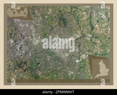 Birmingham, Verwaltungsbezirk England - Großbritannien. Hochauflösende Satellitenkarte. Eckkarten für zusätzliche Standorte Stockfoto