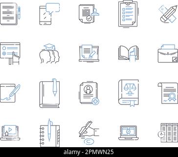 Symbolsammlung für die Übersicht über das Fernunterricht. Entfernung, Lernen, Online, Bildung, Virtuell, Kurs-, Programmvektor- und Zeichnungskonzeptsatz. Klasse Stock Vektor