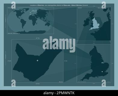Boston, nicht-Metropolitan District von England - Großbritannien. Diagramm, das die Position der Region auf Karten mit größerem Maßstab zeigt. Zusammensetzung des Vektors f Stockfoto