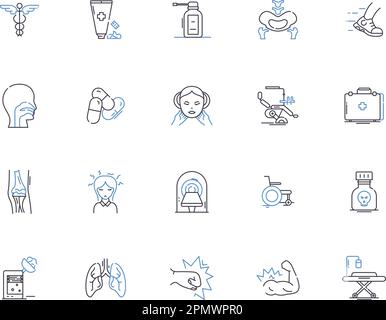 Healthcare Outline Icons Sammlung. Medizin, Gesundheit, Behandlung, Pflege, Wohlbefinden, Fitness-, Ernährungsvektor- und Illustrationskonzept-Set. Prävention Stock Vektor