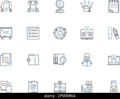 Symbolsammlung für Hausaufgaben. Übung, Aufgabe, Aufgabe, Studie, Quiz, Konzeptsatz Projekte, Forschungsvektor und Illustration. Schreiben, Papers Stock Vektor