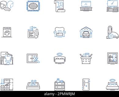 Symbolsammlung der persönlichen Gliederung. Haus, Wohnraum, Wohnung, Wohnsitz, Domäne, Unterschlupf, Haven-Vektor- und Illustrationskonzept-Set. Nest, Den, heimelig linear Stock Vektor