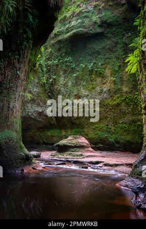 Runder Stein, bekannt als Teufelskanzel, Finnich Glen, Schottland, Großbritannien Stockfoto