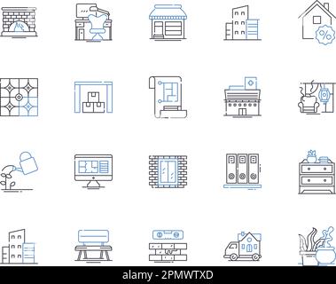 Apartments und Unterkünfte sind eine Ikonensammlung. Unterkunft, Apartments, Vermietungen, Schlafzimmer, Mietwagen, Suiten, Flats Vektor und Illustration Stock Vektor