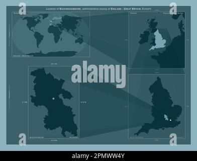 Buckinghamshire, Verwaltungsbezirk England - Großbritannien. Diagramm, das die Position der Region auf Karten mit größerem Maßstab zeigt. Zusammensetzung des VEC Stockfoto