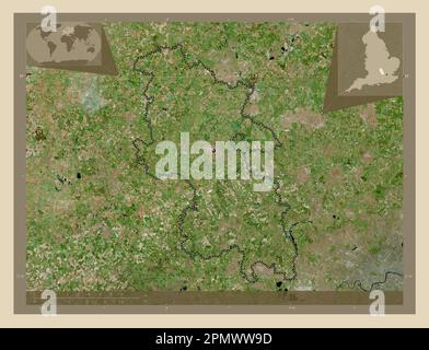 Buckinghamshire, Verwaltungsbezirk England - Großbritannien. Hochauflösende Satellitenkarte. Eckkarten für zusätzliche Standorte Stockfoto