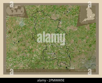 Buckinghamshire, Verwaltungsbezirk England - Großbritannien. Hochauflösende Satellitenkarte. Standorte und Namen der wichtigsten Städte der Region. C Stockfoto