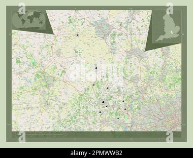 Buckinghamshire, Verwaltungsbezirk England - Großbritannien. Straßenkarte Öffnen. Standorte der wichtigsten Städte der Region. Lage der Zusatzgeräte an der Ecke Stockfoto