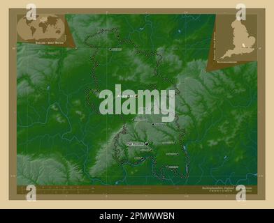 Buckinghamshire, Verwaltungsbezirk England - Großbritannien. Farbige Höhenkarte mit Seen und Flüssen. Standorte und Namen der wichtigsten Städte von Stockfoto