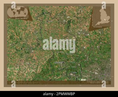 Buckinghamshire, Verwaltungsbezirk England - Großbritannien. Satellitenkarte mit niedriger Auflösung. Standorte und Namen der wichtigsten Städte der Region. Co Stockfoto