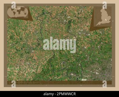 Buckinghamshire, Verwaltungsbezirk England - Großbritannien. Satellitenkarte mit niedriger Auflösung. Standorte der wichtigsten Städte der Region. Ecken-auxil Stockfoto