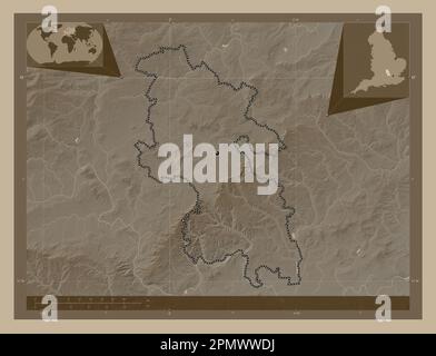 Buckinghamshire, Verwaltungsbezirk England - Großbritannien. Höhenplan in Sepia-Tönen mit Seen und Flüssen. Zusätzliche Eckpunkte Stockfoto