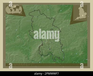 Buckinghamshire, Verwaltungsbezirk England - Großbritannien. Höhenkarte im Wiki-Stil mit Seen und Flüssen. Orte der wichtigsten Citie Stockfoto