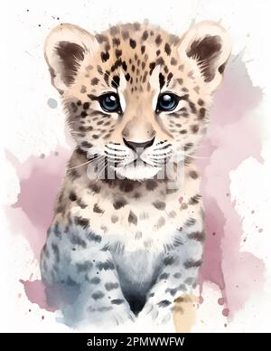 Süßes Leopardenjunge in Aquarellfarben. Poster für Kinder mit lustigen und glücklichen Tieren. Stockfoto