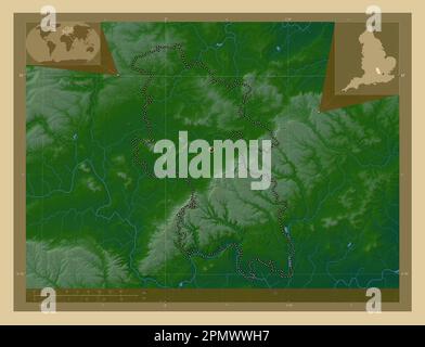 Buckinghamshire, Verwaltungsbezirk England - Großbritannien. Farbige Höhenkarte mit Seen und Flüssen. Eckkarten für zusätzliche Standorte Stockfoto