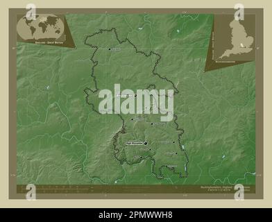 Buckinghamshire, Verwaltungsbezirk England - Großbritannien. Höhenkarte im Wiki-Stil mit Seen und Flüssen. Standorte und Namen von m Stockfoto