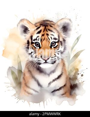 Süßes Baby-Tiger-Aquarell-Bild. Poster für Kinder mit lustigen und glücklichen Tieren. Stockfoto