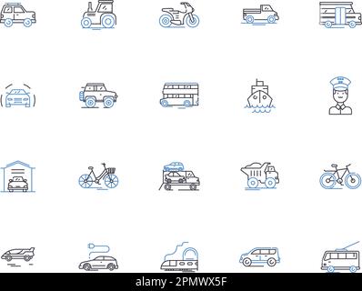 Symbolsammlung für Transportzymbole. Zug, Bus, Flugzeug, Taxi, Fähre, Boots-, Automobil-, Vektor- und Zeichnungskonzeptsatz. Motorrad, Scooter Stock Vektor