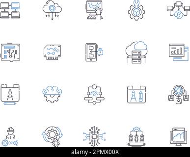 Sammlung von Programmsymbolen. Programm, Programm, Programmierung, Pläne, Skripte, Algorithmen, Codes, Vektor und Illustrationskonzept. Fließfähigkeit Stock Vektor