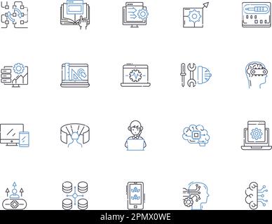 Sammlung von Programmsymbolen. Programm, Programm, Programmierung, Pläne, Skripte, Algorithmen, Codes, Vektor und Illustrationskonzept. Fließfähigkeit Stock Vektor