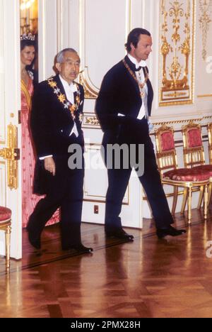 KÖNIG CARL XVI. GUSTAF von Schweden mit japanischem Kronprinz AKIHITO während des Staatsbesuchs in Stockholm Schweden Stockfoto