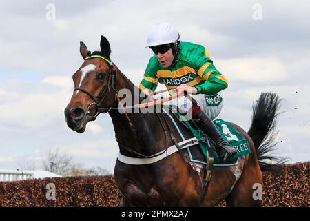 Jonbon reitet von Aidan Coleman und springt über den letzten Zaun auf dem Weg zum Gewinn des EFT Systems Maghull Novizen Chase The Randox Grand National Festival 2023 Grand National Day auf der Rennbahn Aintree, Liverpool, Großbritannien, 15. April 2023 (Foto von Conor Molloy/News Images) Stockfoto