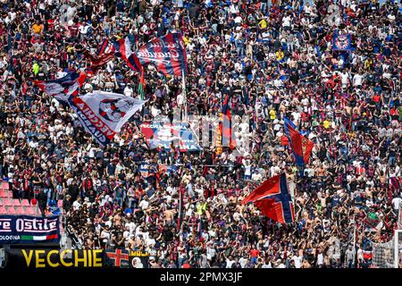 Bologna, Italien. 15. April 2023. Renato Dall'Ara Stadion, Bologna, Italien, 15. April 2023, Bologna-Fans während des Spiels Bologna FC gegen AC Mailand – italienische Fußballserie A Credit: Live Media Publishing Group/Alamy Live News Stockfoto