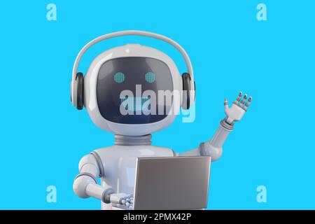 Freundlicher Chatroboter im Cartoon-Stil mit einem Laptop, der Hallo winkt. 3D Abbildung. Stockfoto