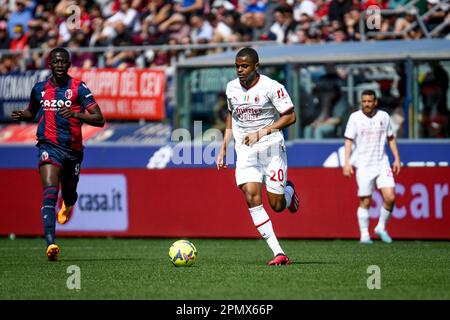 Bologna, Italien. 15. April 2023. Renato Dall'Ara Stadion, Bologna, Italien, 15. April 2023, Mailands Pierre Kalulu in Aktion während des Fußballspiels Bologna FC gegen AC Mailand - italienische Fußballserie A Credit: Live Media Publishing Group/Alamy Live News Stockfoto