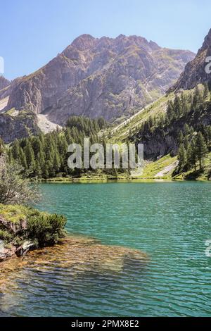 Vertikale Landschaft des Tappenkarsees mit den Rocky Mountains. Kristallklarer grüner Alpensee am europäischen Sommersonntag in Österreich. Stockfoto