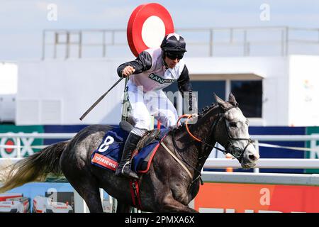 Irish Point Ridded by Davy Russell gewinnt die Turners Mersey Novice Hürdle beim Randox Grand National Festival 2023 Grand National Day auf der Aintree Rennbahn, Liverpool, Großbritannien, 15. April 2023 (Foto von Conor Molloy/News Images) Stockfoto