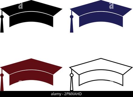 Satz mit Graduierungskappe, Schülermütze, Bachelor-Cap-Symbolen, Abbildung mit flachen Vektorsymbolen. Schwarzes, blaues, rotes Symbol auf weißem Hintergrund. Stock Vektor