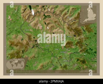 Craven, nicht-Großstadtbezirk von England - Großbritannien. Hochauflösende Satellitenkarte. Standorte und Namen der wichtigsten Städte der Region. Ecke Stockfoto