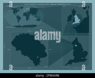Craven, nicht-Großstadtbezirk von England - Großbritannien. Diagramm, das die Position der Region auf Karten mit größerem Maßstab zeigt. Zusammensetzung des Vektors f Stockfoto
