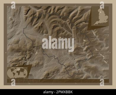 Craven, nicht-Großstadtbezirk von England - Großbritannien. Höhenplan in Sepia-Tönen mit Seen und Flüssen. Lage der Zusatzgeräte an der Ecke ma Stockfoto